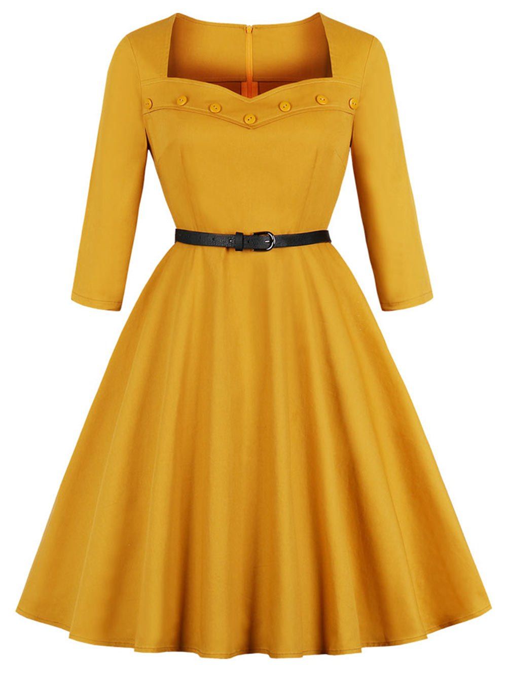 

Sweetheart Neck Button Embellished A Line Dress, Yellow