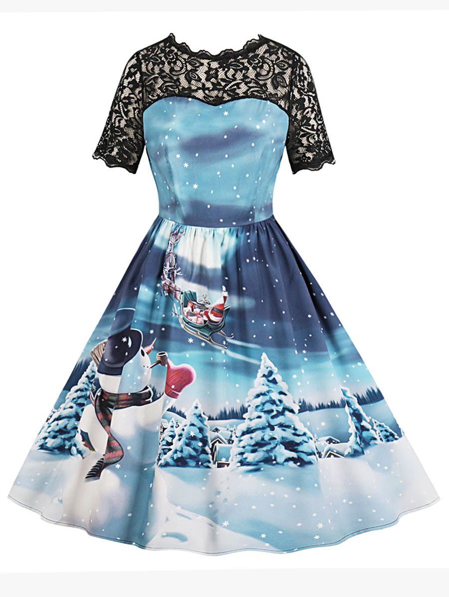 Lace Panel Snowman Print A Line Dress, Blue