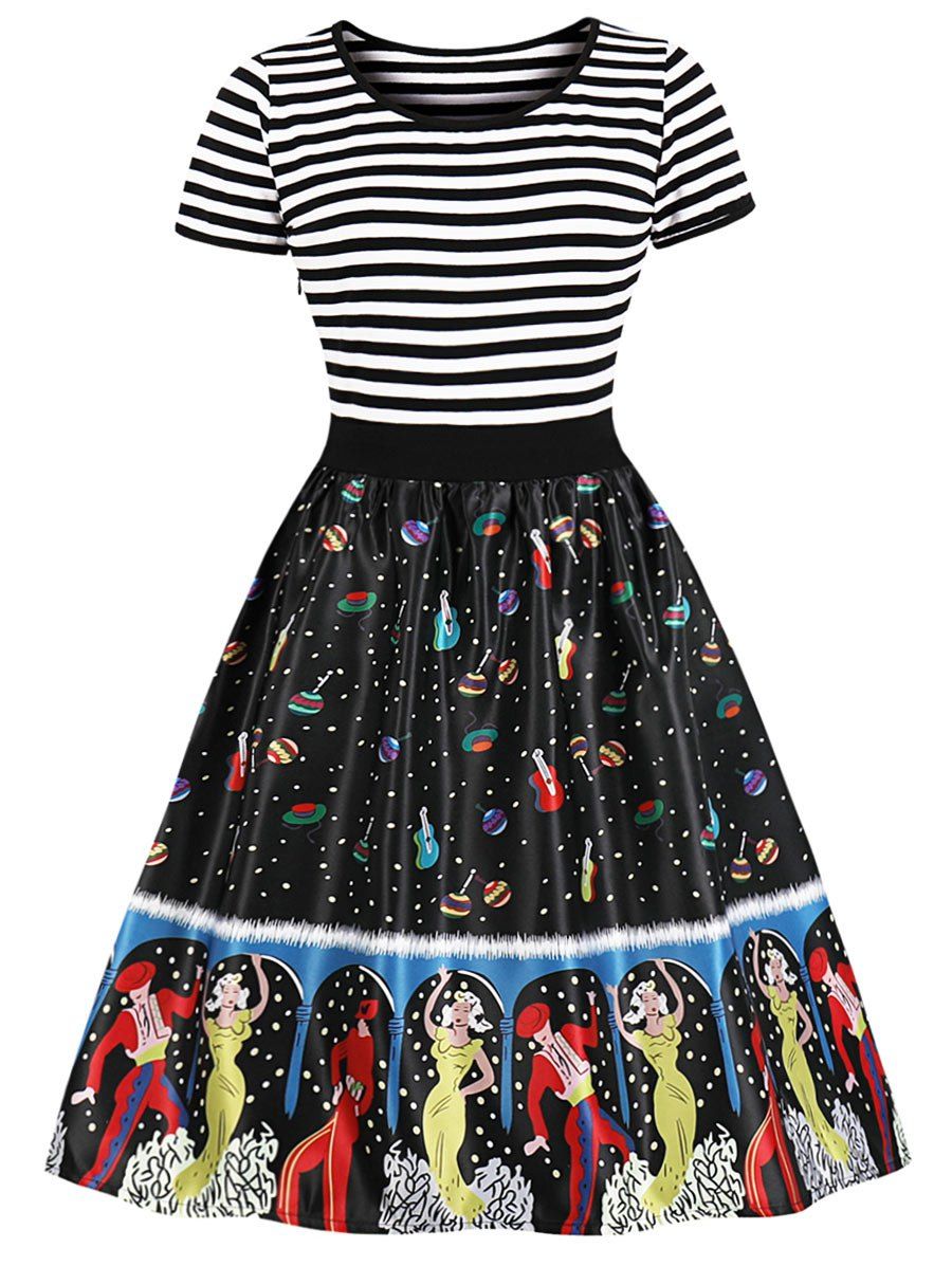 31 Off Cartoon Figure Print Striped Panel A Line Dress Rosegal,Cute Anime Girl Looking Out Window