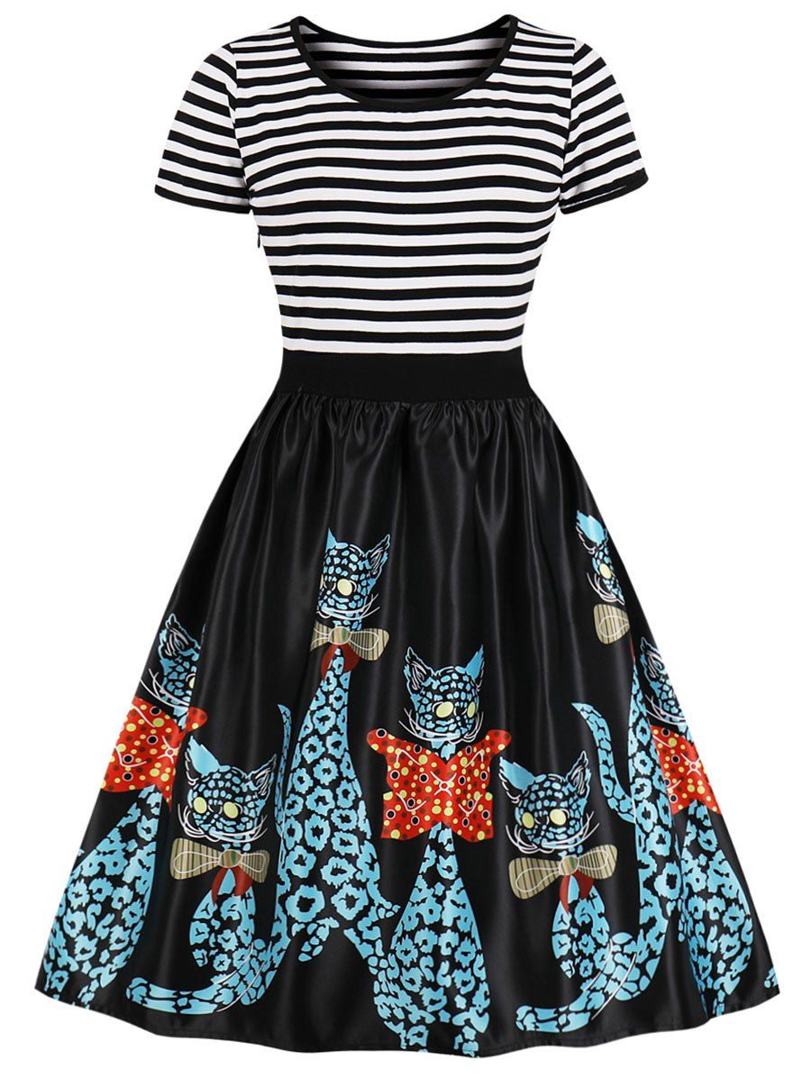 

Cartoon Cat Striped Panel A Line Dress, Black