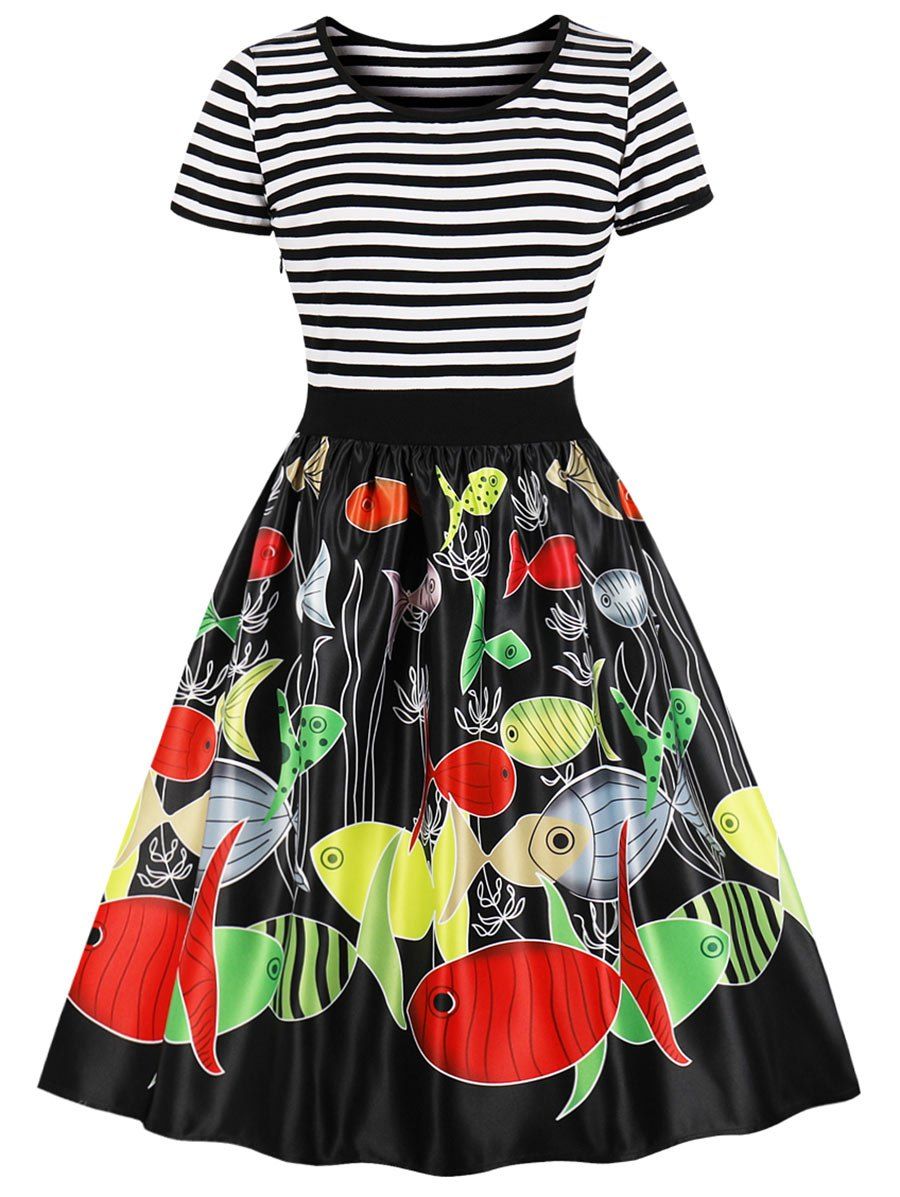 

Fish Print Striped Panel A Line Dress, Black