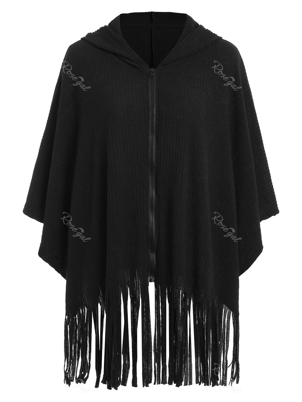 

Plus Size Hooded Fringed Cape Coat, Black