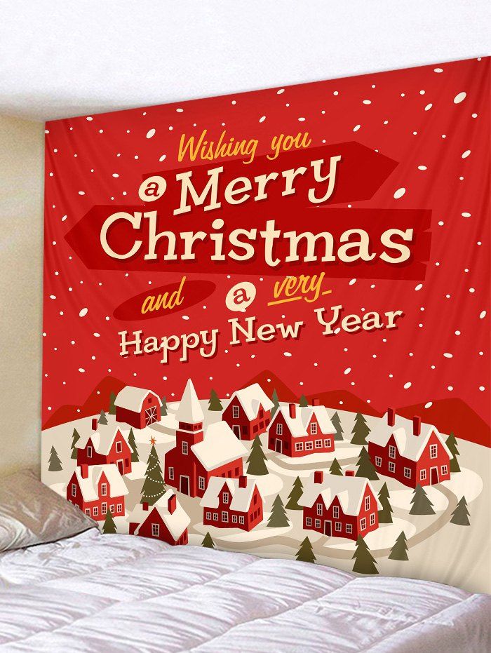 Christmas Town Greeting Print Tapestry Wall Hanging Decoration, Red