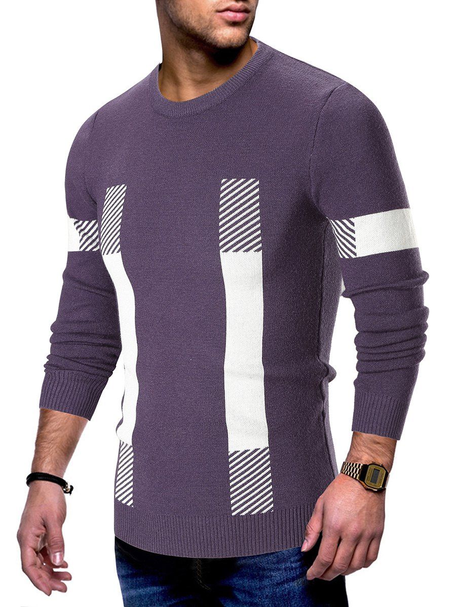 

Contrast Color Striped Print Pullover Sweater, Purple