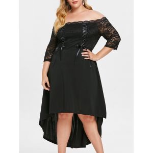 

Plus Size Off Shoulder Lace Up Asymmetric Dress, Black