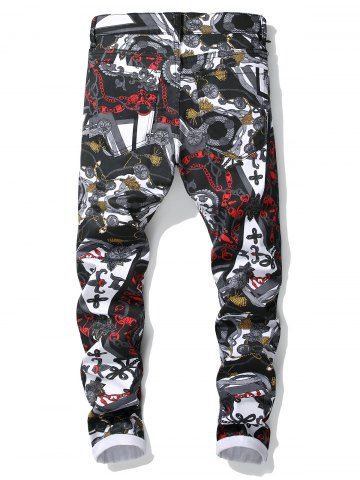 

Chain Pattern Zip Fly Cuffed Jeans, Multi