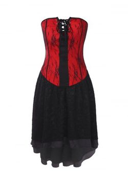 Gothic Bandeau Strapless Lace Corset Dress - RED - M