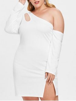 Plus Size Cutout Slit Skew Neck Bodycon Dress - WHITE - L
