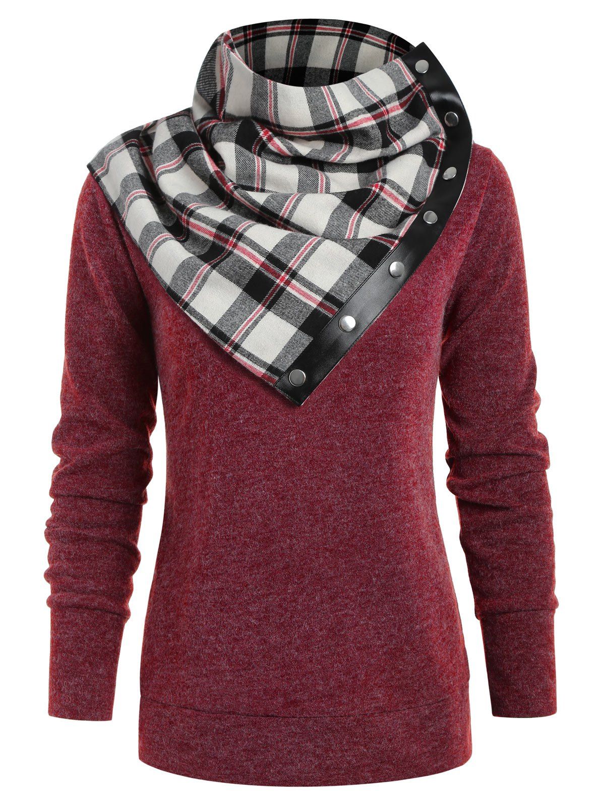 

Round Neck Sweatshirt with Tartan Neck Gaiter, Red wine