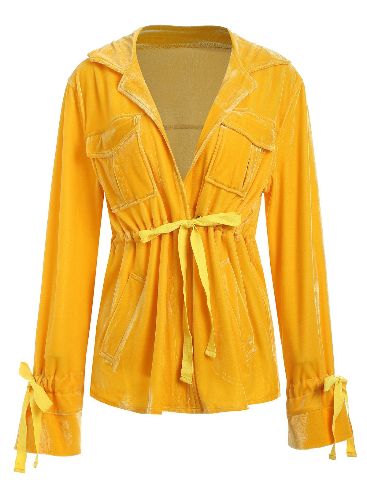 

Tie Cuffs Drawstring Waist Velvet Shirt, Yellow