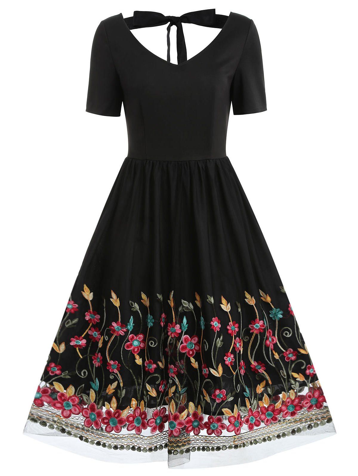 

Open Back Floral Mesh Overlay Dress, Black
