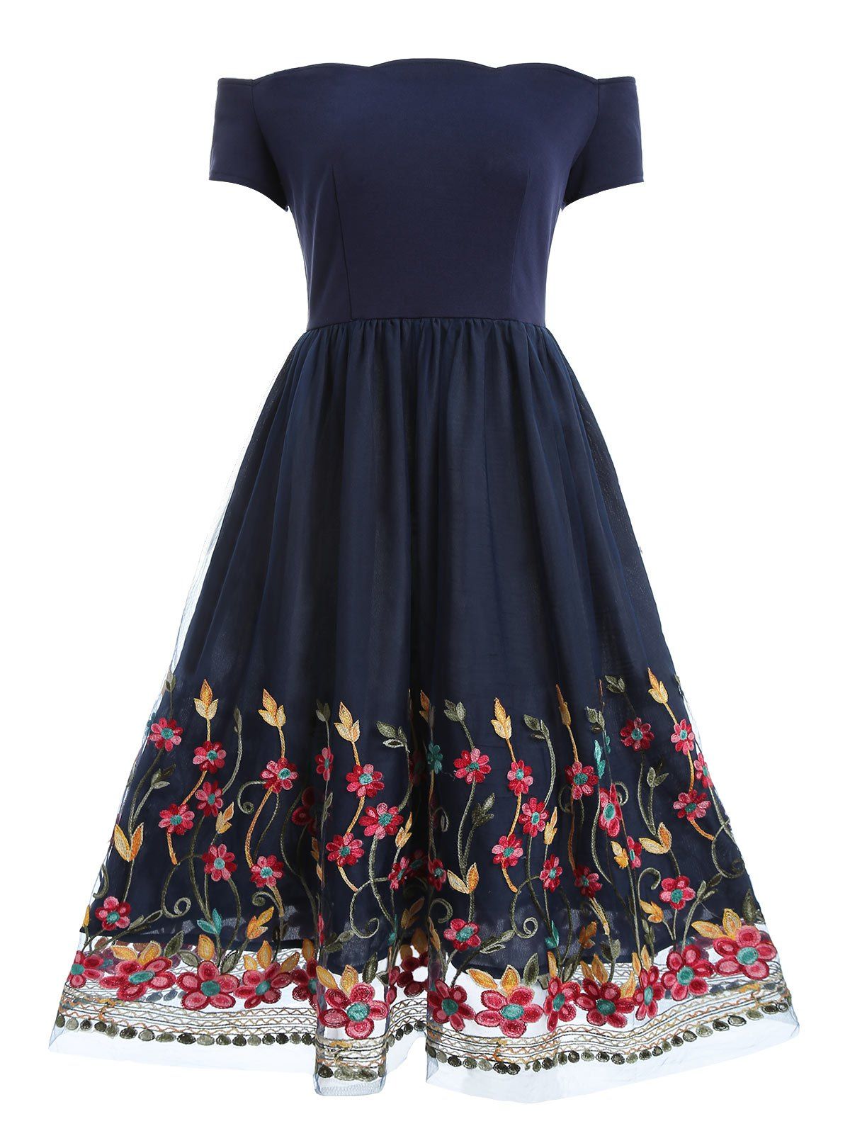 

Off Shoulder Floral Mesh Panel Dress, Deep blue