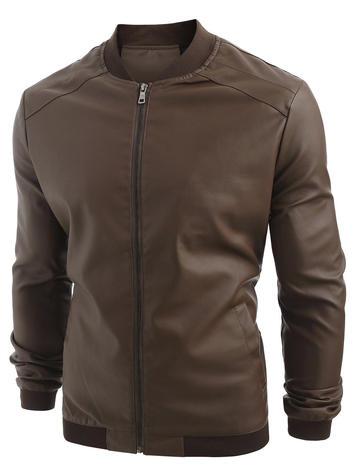 

PU Leather Zip Up Solid Jacket, Deep brown