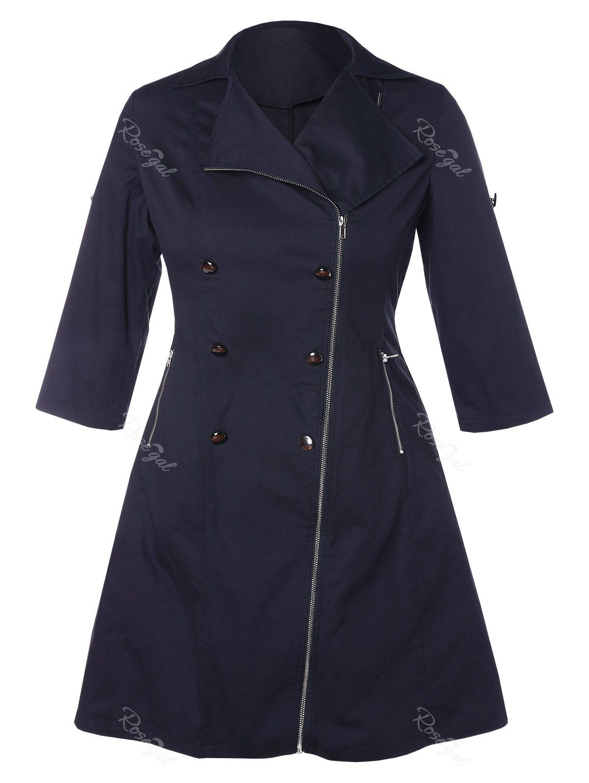 

Plus Size Zip Front Buttons Coat Dress, Black