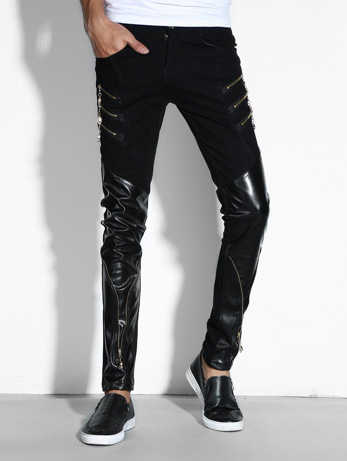 

Skull Zip Embellished PU Leather Pants, Black