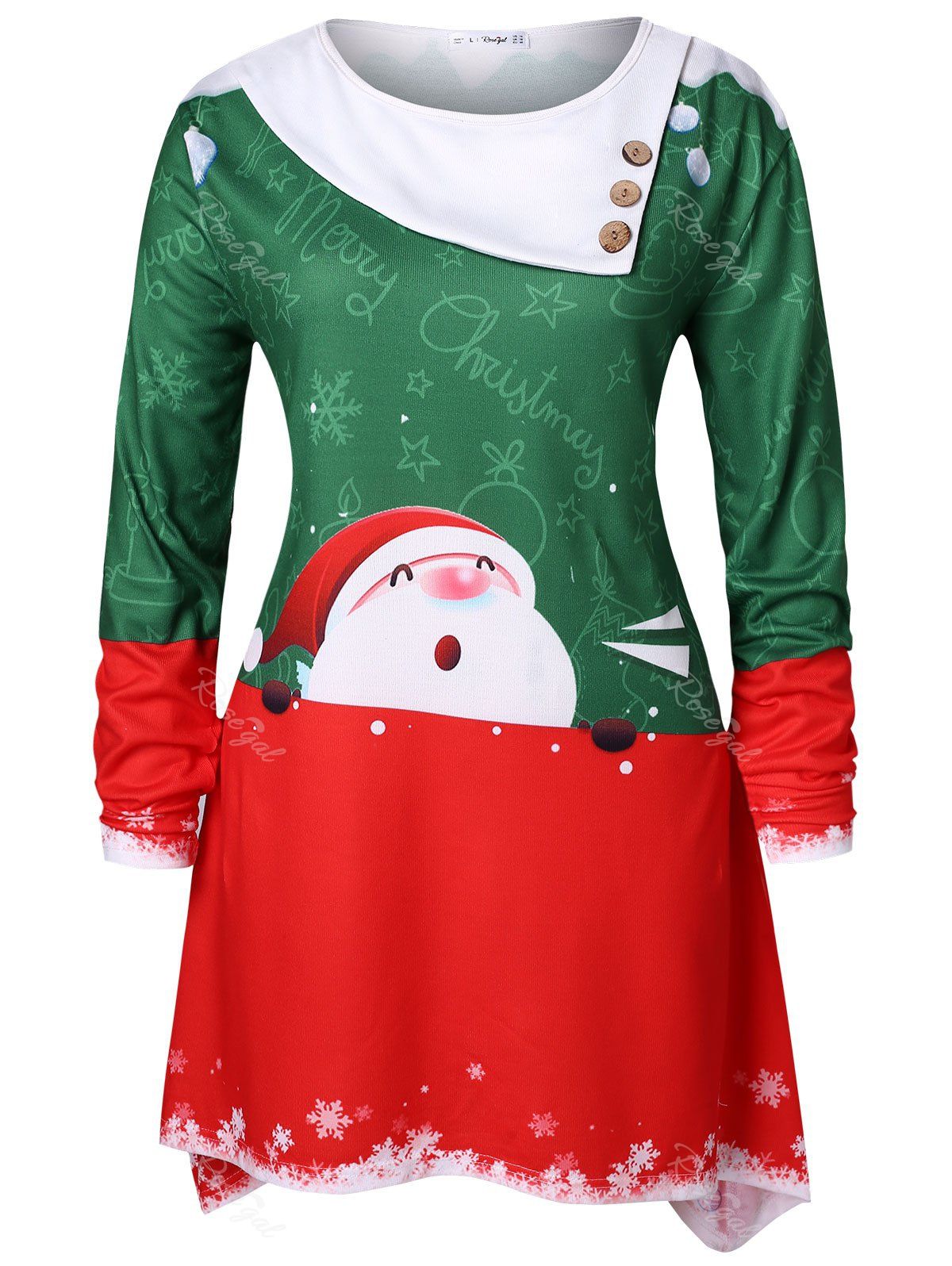 

Plus Size Santa Claus Print Asymmetrical Christmas T-shirt, Hazel green