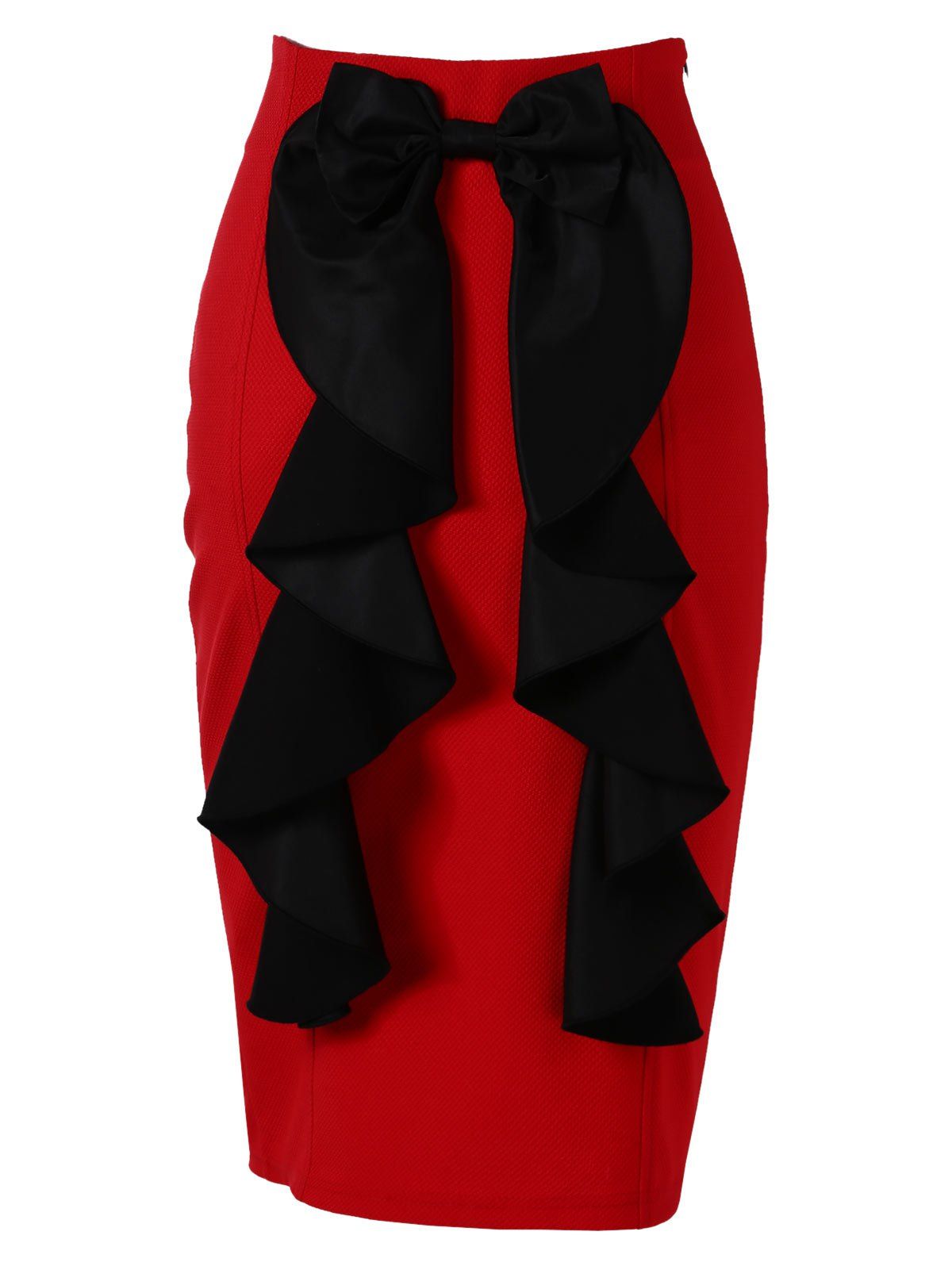 

High Waist Contrast Ruffled Bodycon Skirt, Red