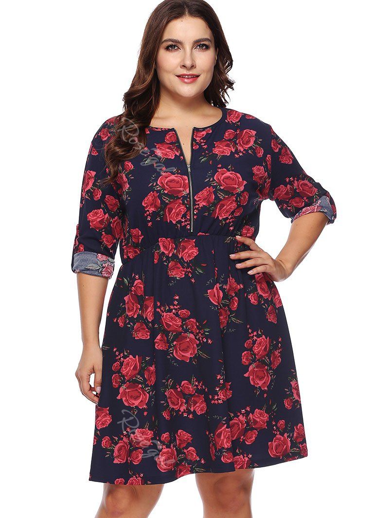 

Zip Plus Size Floral Long Sleeve Dress, Multi