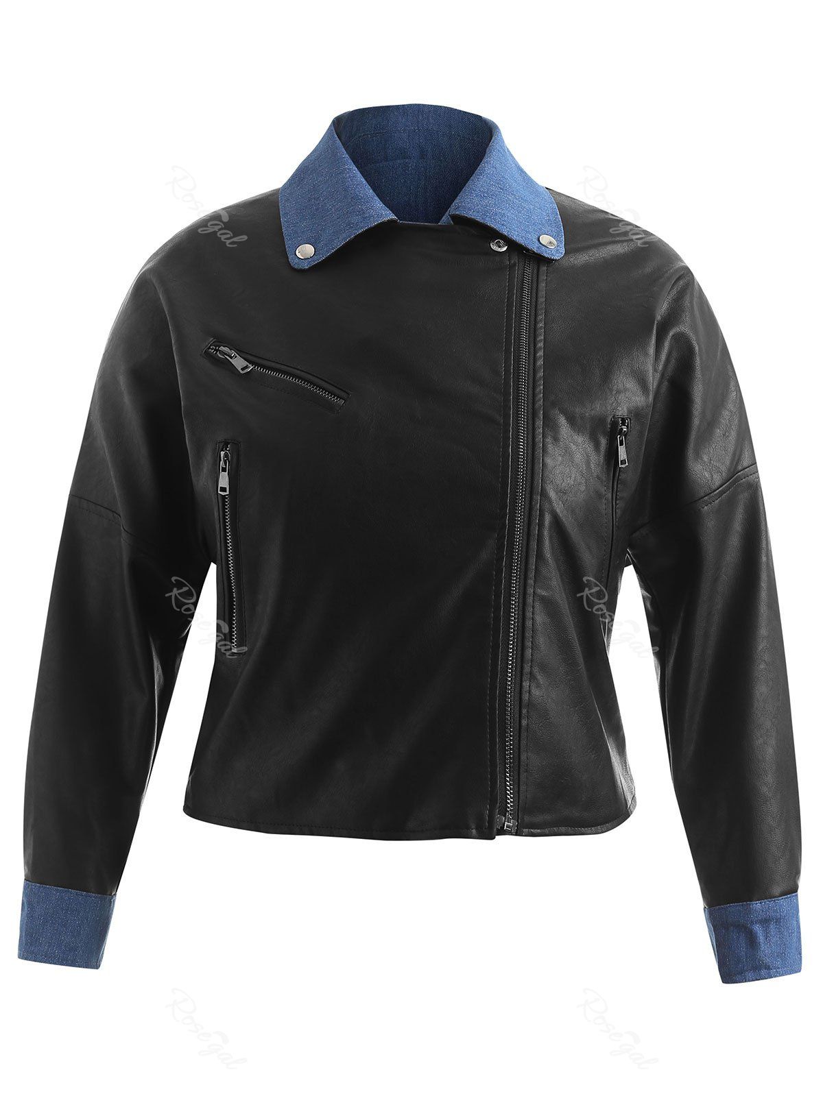 

Plus Size Contrast PU Jacket with Zippers, Black