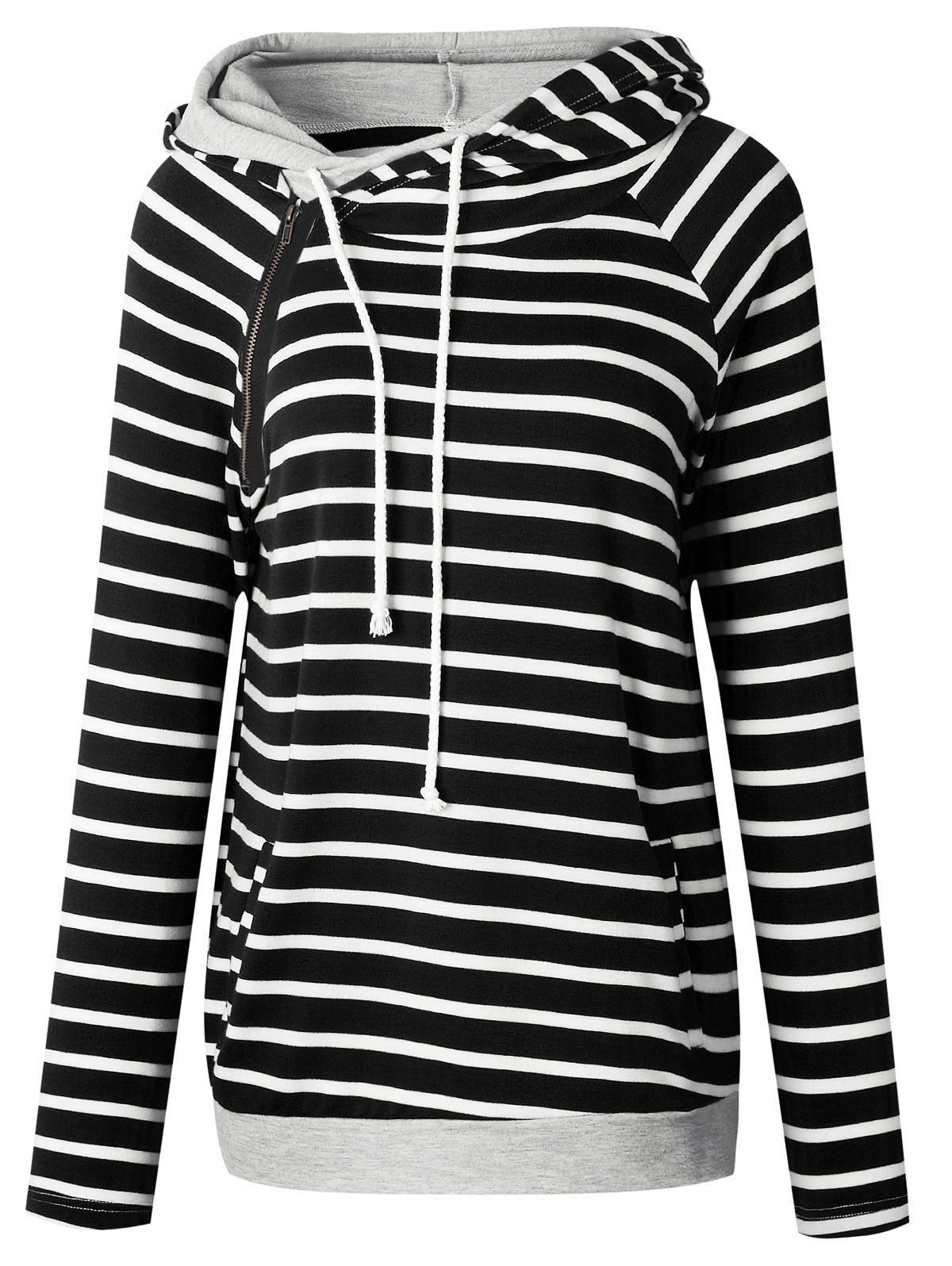 [32% OFF] Drawstring Zippered Striped Hoodie | Rosegal