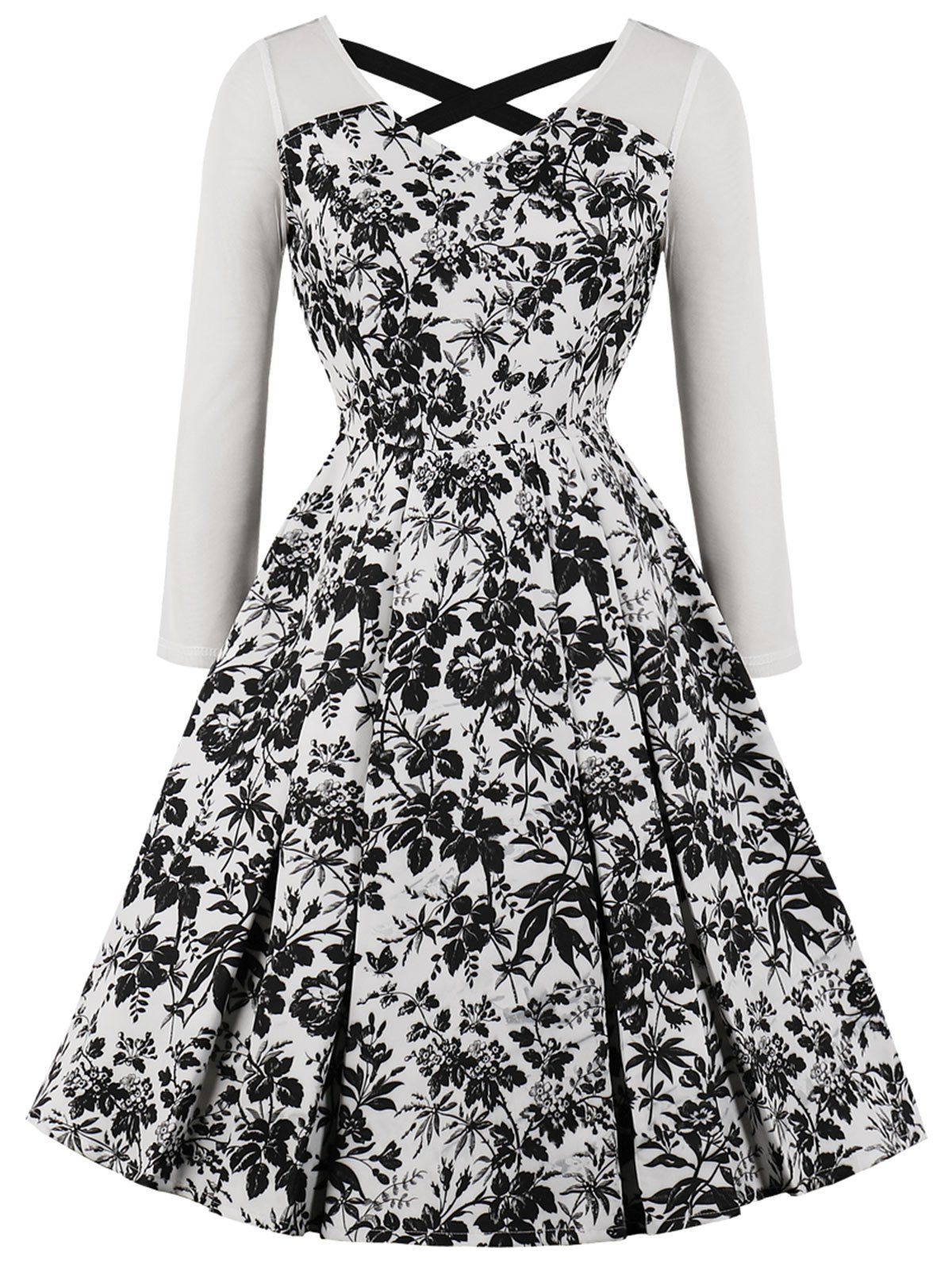

Vintage Mesh Insert Criss Cross Floral Flare Dress, White