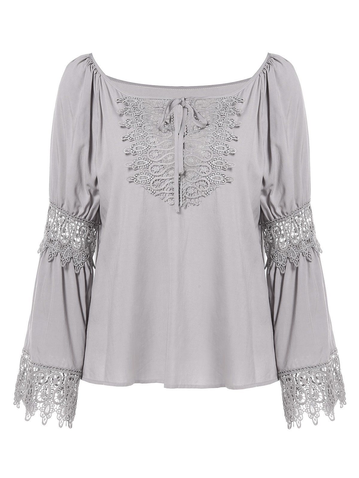 

Lace Panel Long Sleeve Blouse with Tie, Light gray