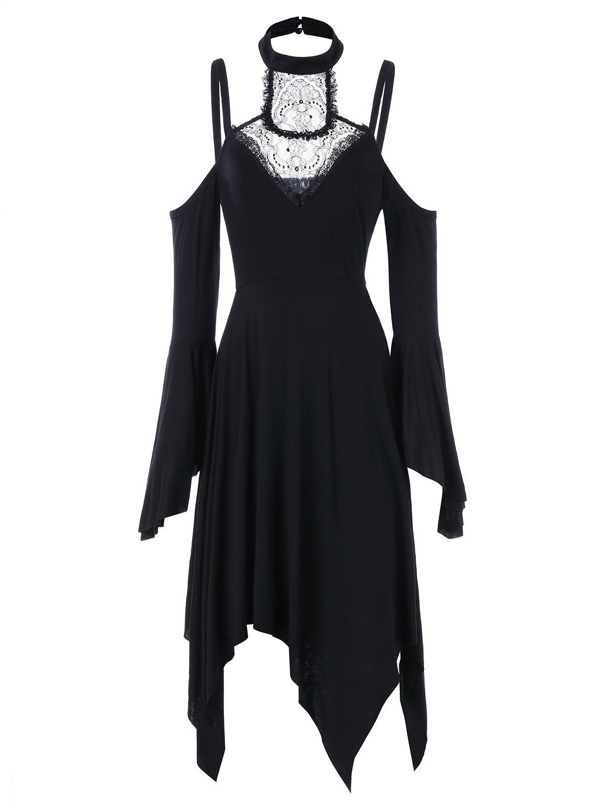 

Choker Neck Cold Shoulder Bell Sleeves Vintage Handkerchief Dress, Black