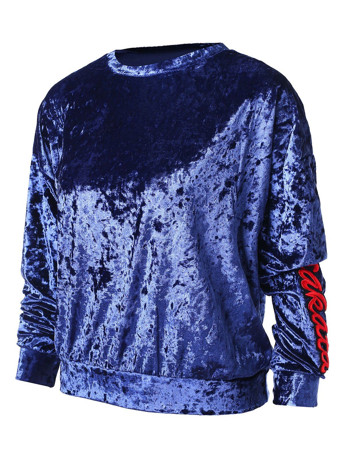 

Letter Embroidery Drop Shoulder Velvet Sweatshirt, Blue