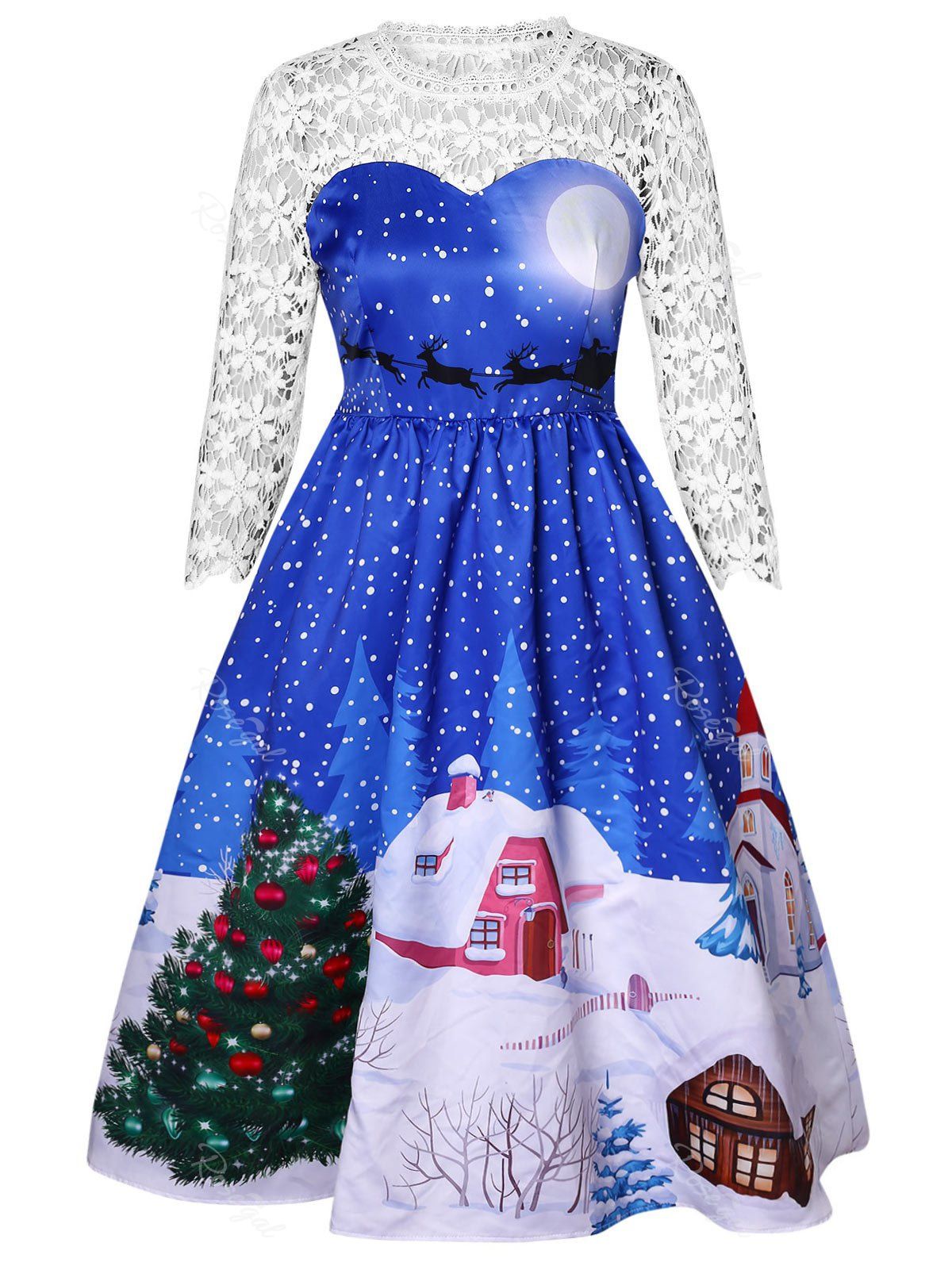 

Plus Size Christmas Tree Print Lace Sleeve Ballgown Dress, Ocean blue