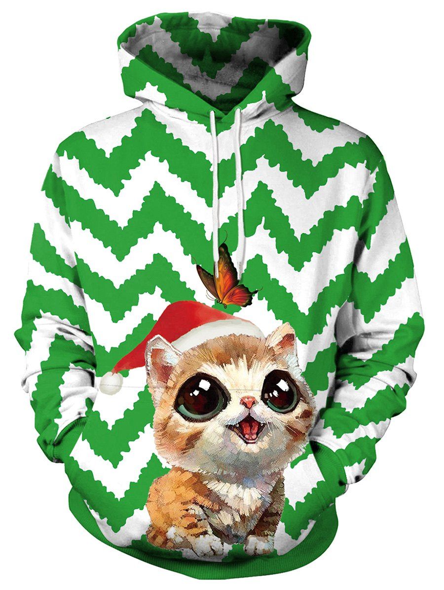 

Christmas Cat and Butterfly Print Pullover Hoodie, Green
