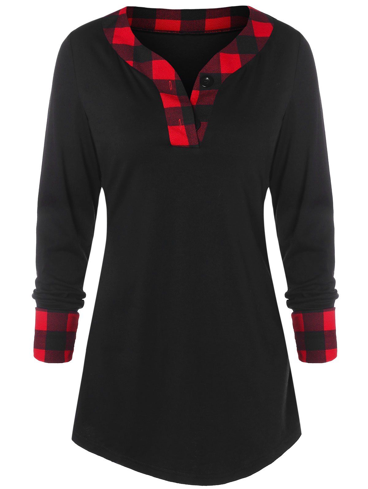 

Plaid Splicing Buttoned T-shirt, Black