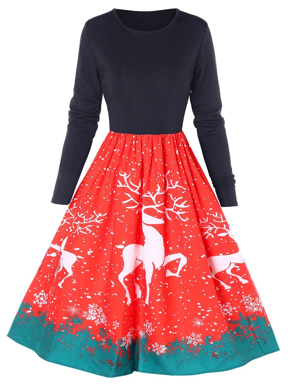 

Christmas Reindeer Print Flared Dress, Red