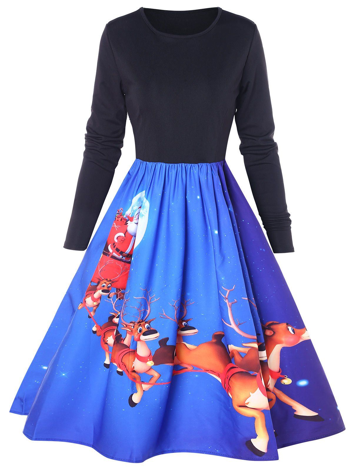 

Christmas Elk Print Flared Dress, Blue