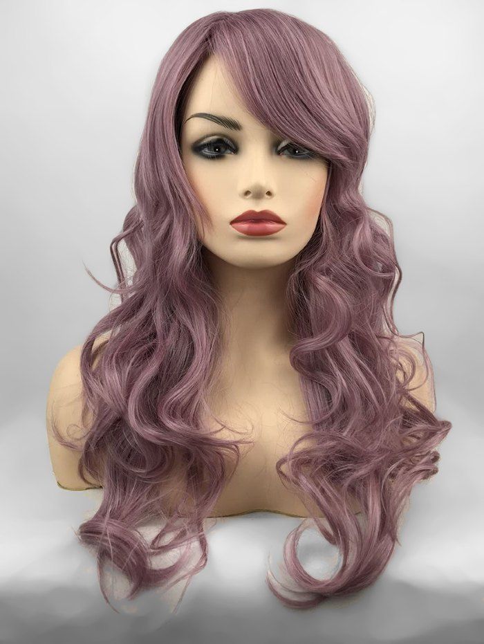 

Inclined Bang Long Wavy Party Capless Synthetic Wig, Wisteria purple
