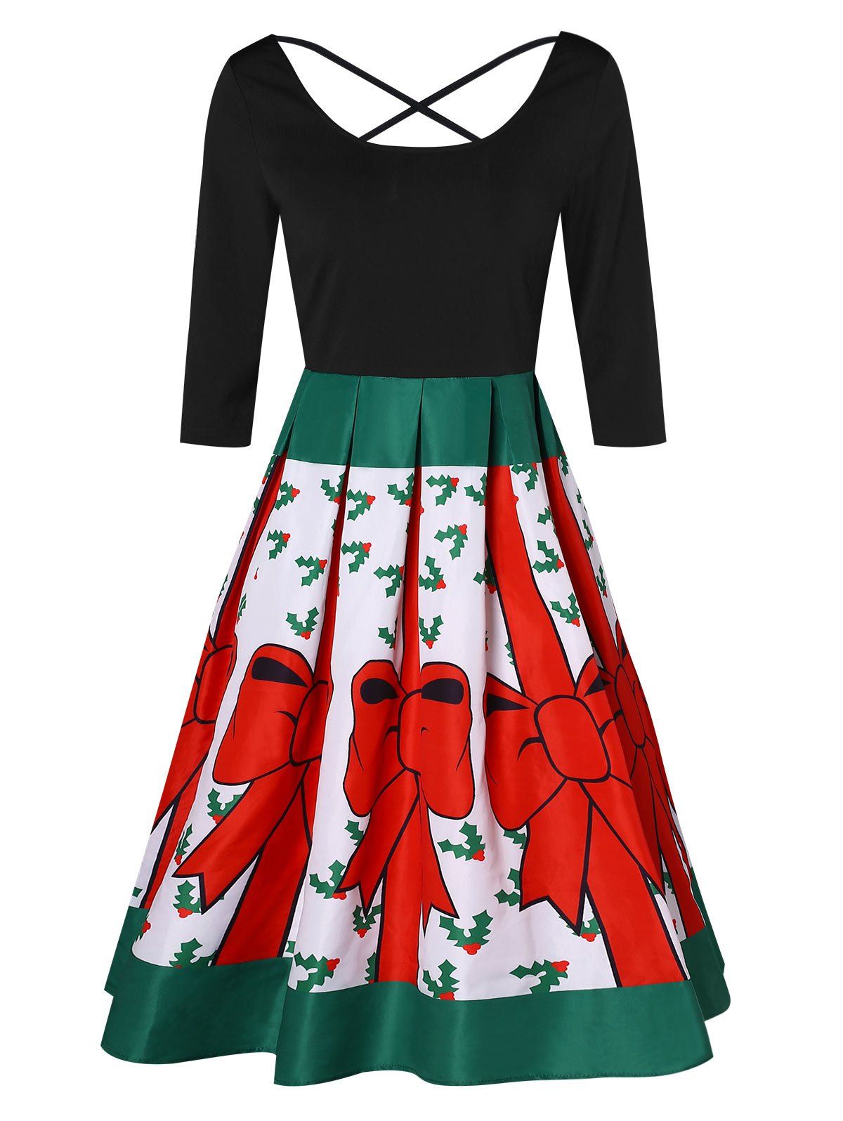 

Christmas Bowknot Print Cross Back Dress, Black