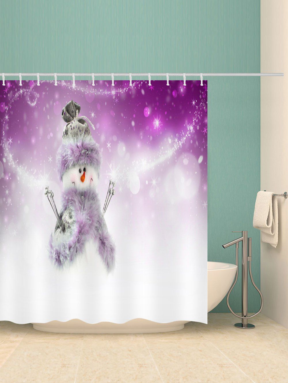 

Christmas Snowman Decoration Bathroom Shower Curtain, Purple flower
