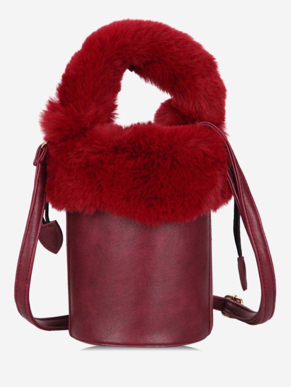 

Bucket String Design Faux Fur Handbag, Red dirt