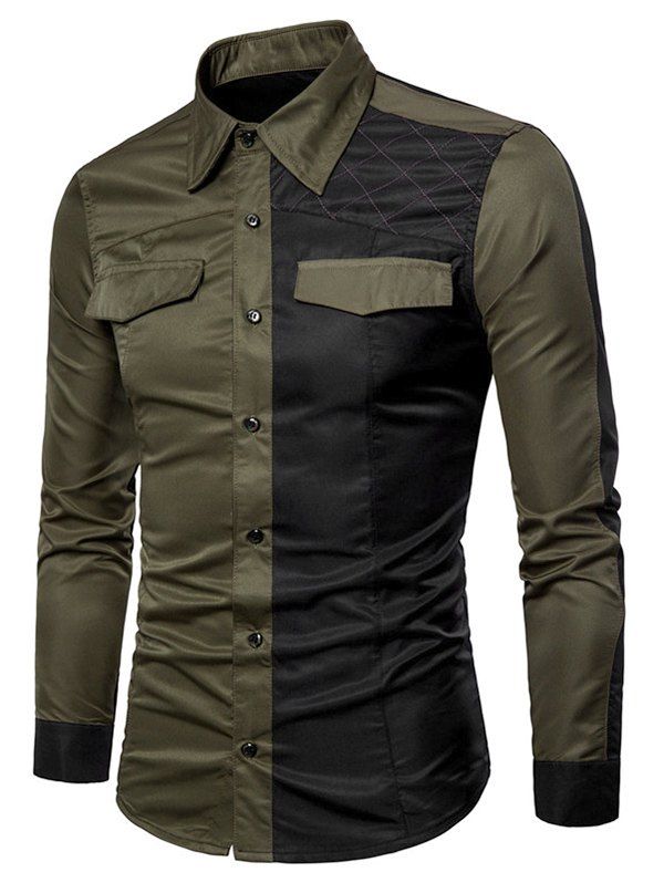

Casual Contrast Color Long Sleeve Shirt, Army green