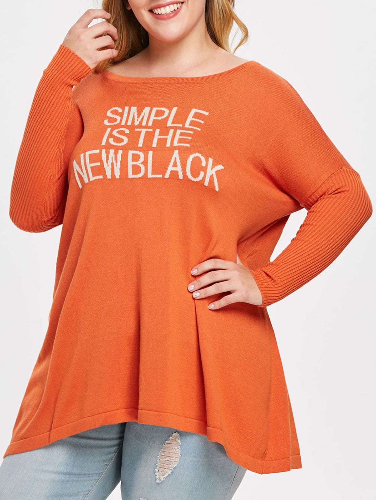 

Letter Print Plus Size Round Neck Sweater, Papaya orange