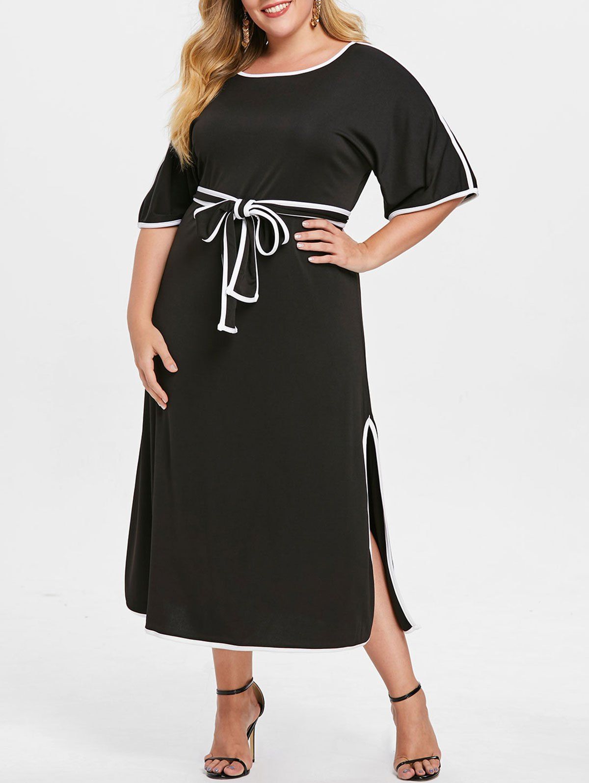 

Contrasting Trim Plus Size Mid Calf Dress with Belt, Black