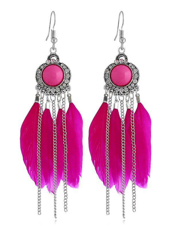 

Bohemian Feather Chain Fish Hook Earrings, Rose red