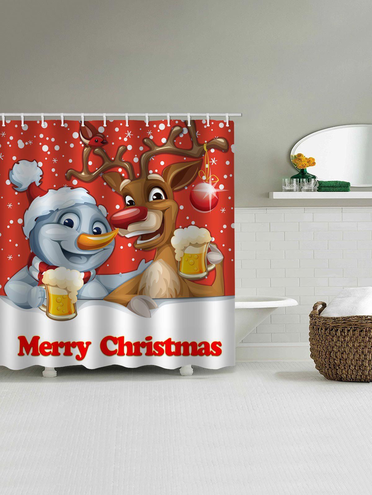

Christmas Snowman Beer Bathroom Shower Curtain, Red