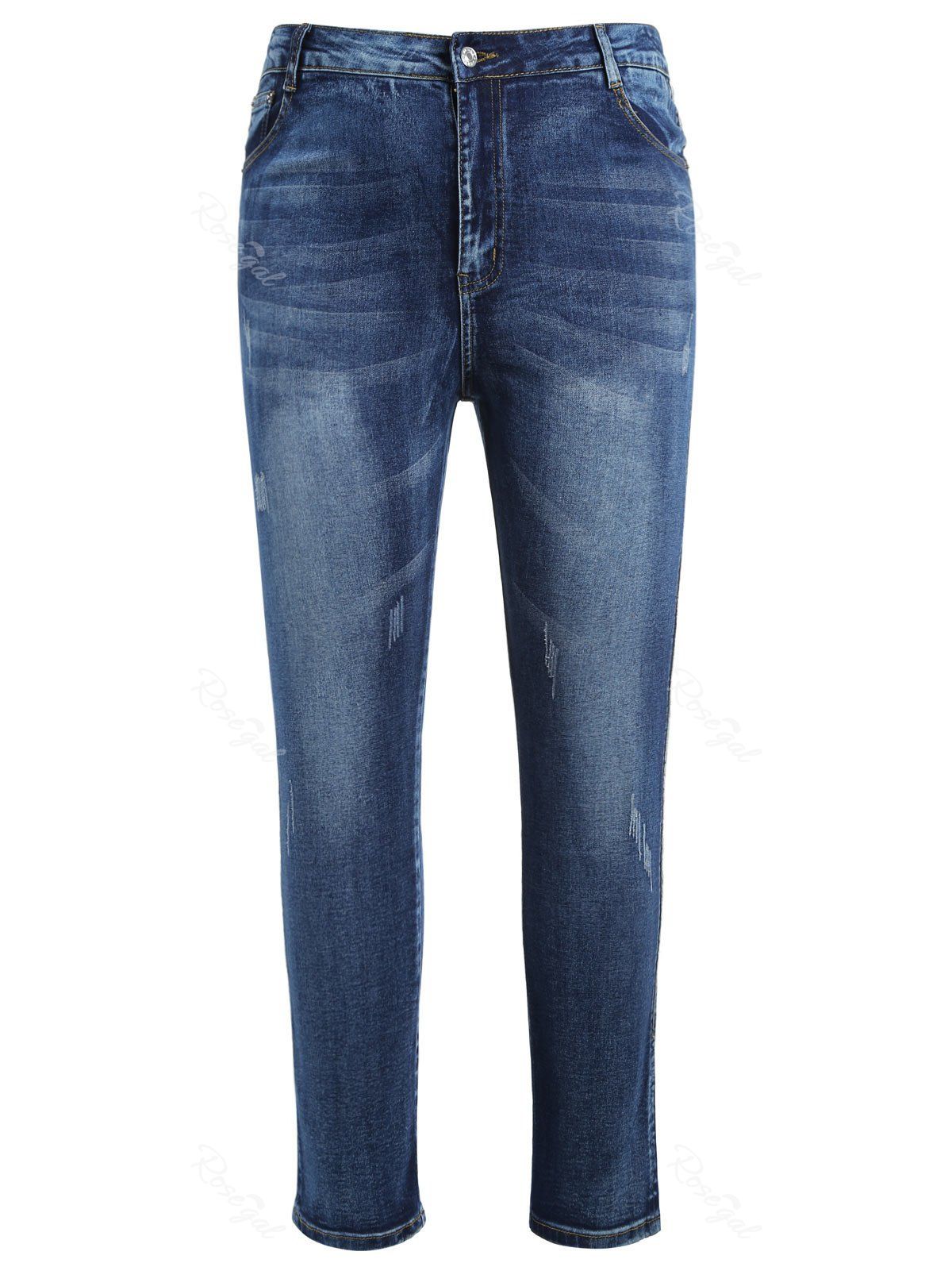 

Plus Size Zipper Fly Scratch Jeans with Ribbon, Blue