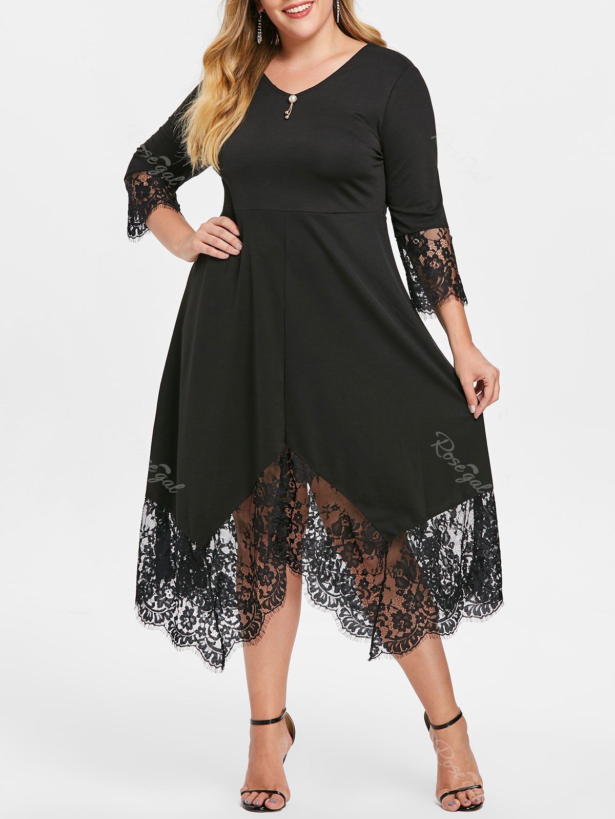 Plus Size Tie V Neck Dress with Lace Trim, Black