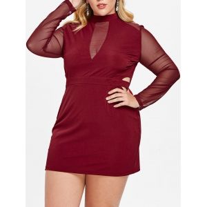 

Mesh Panel Plus Size Side Cut Out Dress, Red wine
