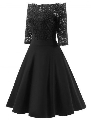

Off Shoulder Floral Lace Panel Dress, Black