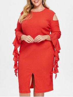 Plus Size Knitted Cold Shoulder Dress - RED - 1X
