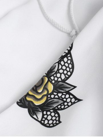 

Flower Print Pouch Pocket Fleece Hoodie, White