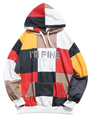 

Square Color Block Letter Print Pouch Pocket Hoodie, Multi-b
