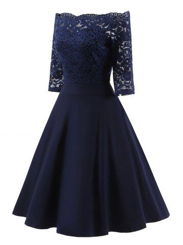 

Off Shoulder Floral Lace Panel Dress, Midnight blue